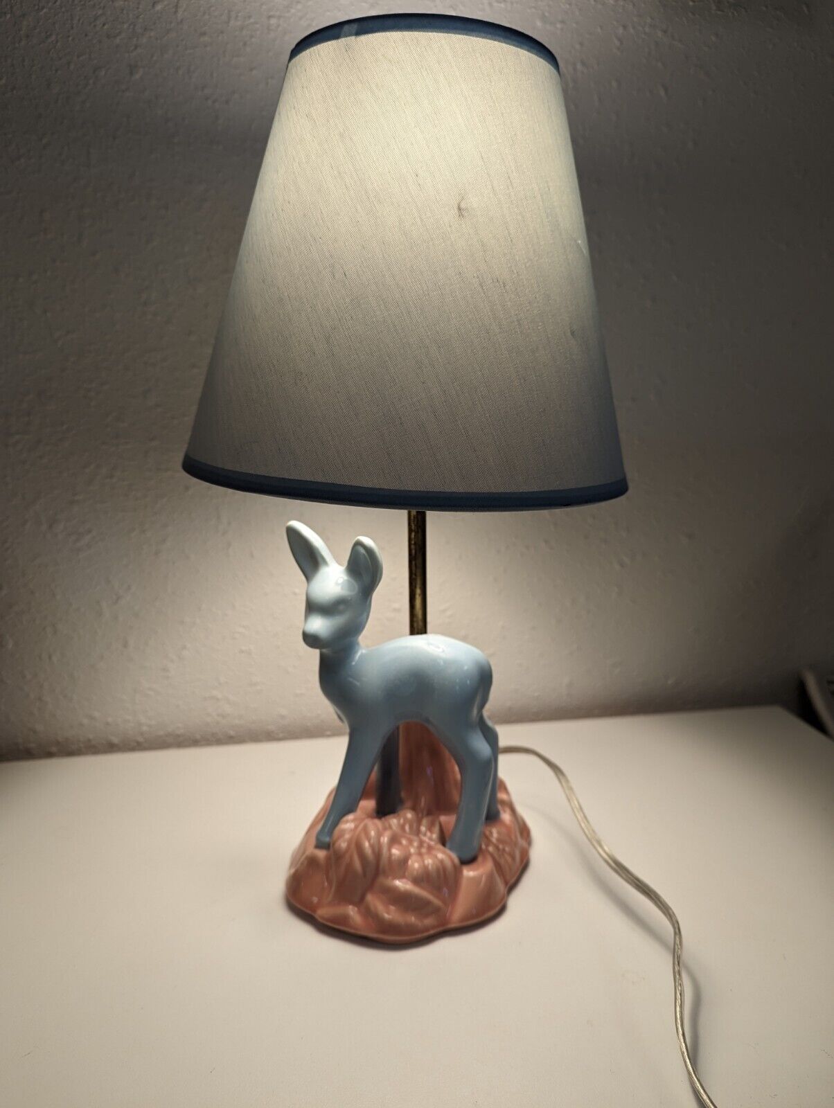 Vintage Shawnee Pottery Deer Lamp Doe Fawn Original Shade Blue Pink Nursery baby