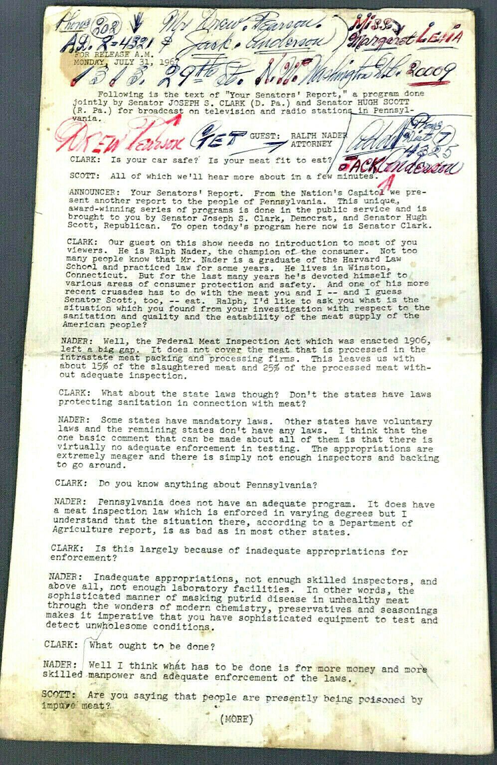 1967 Ralph Nader & Senators TV-RADIO SCRIPT Orig Mimeograph Historical Interview