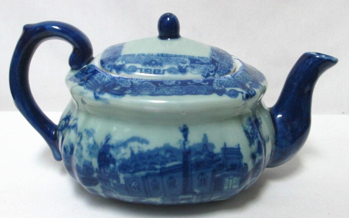 Vintage Reproduction Victoria Ware Ironstone Flow Blue Transferware Squat Teapot