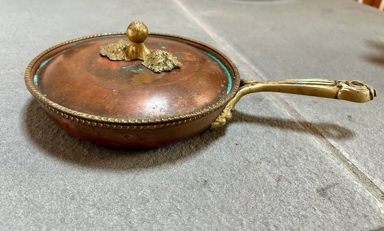 Antique Italian Handcrafted Copper Saute Pan With Brass Handles