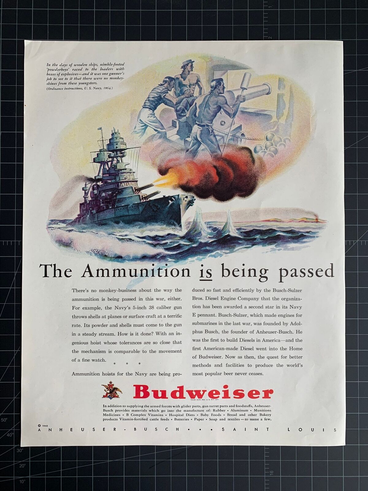 Vintage 1943 Budweiser Beer World War Two Print Ad