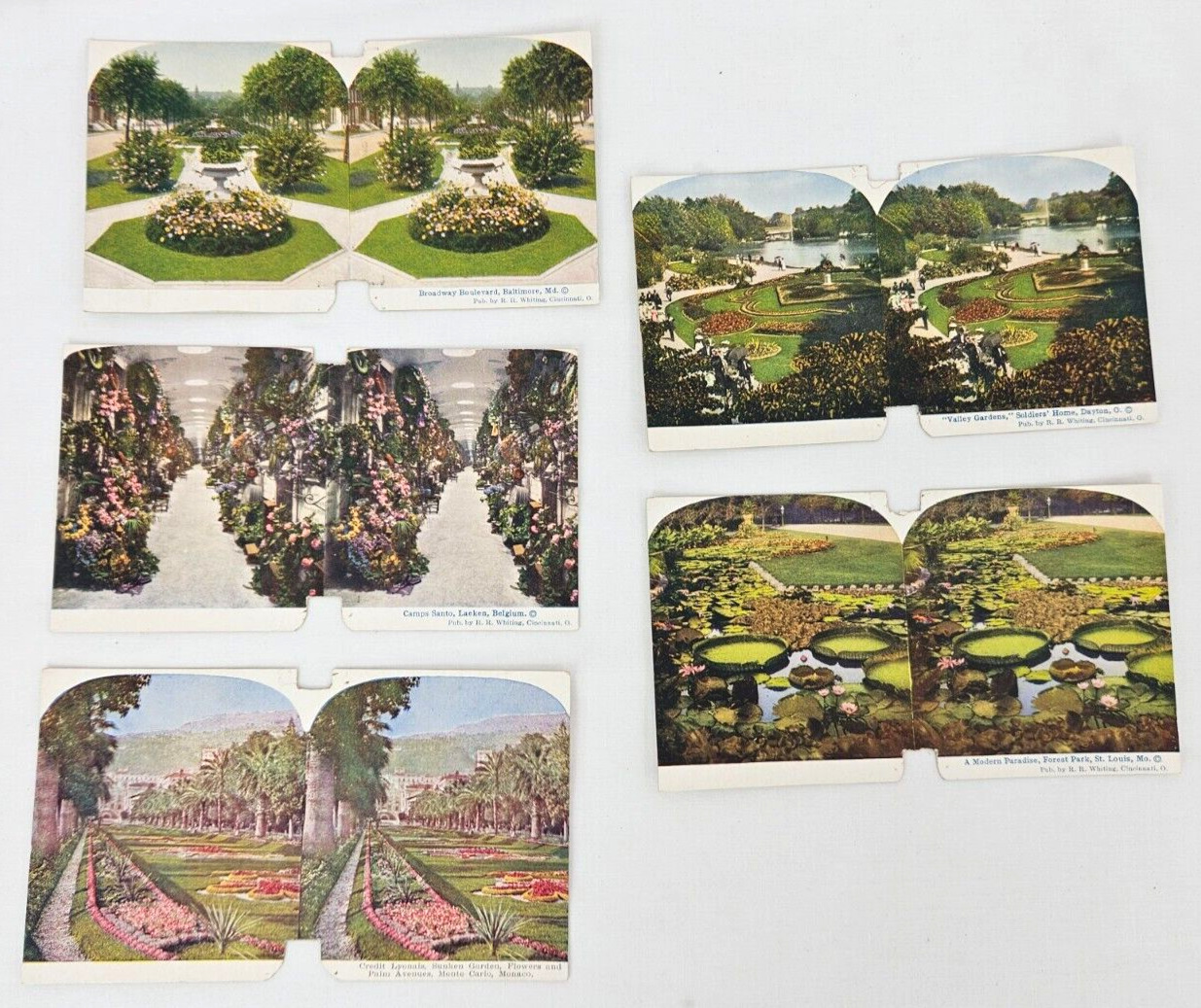 5 1890's Garden Photos~Stereograph~Monaco, Dayton, St Lois, Baltimore, Belgium