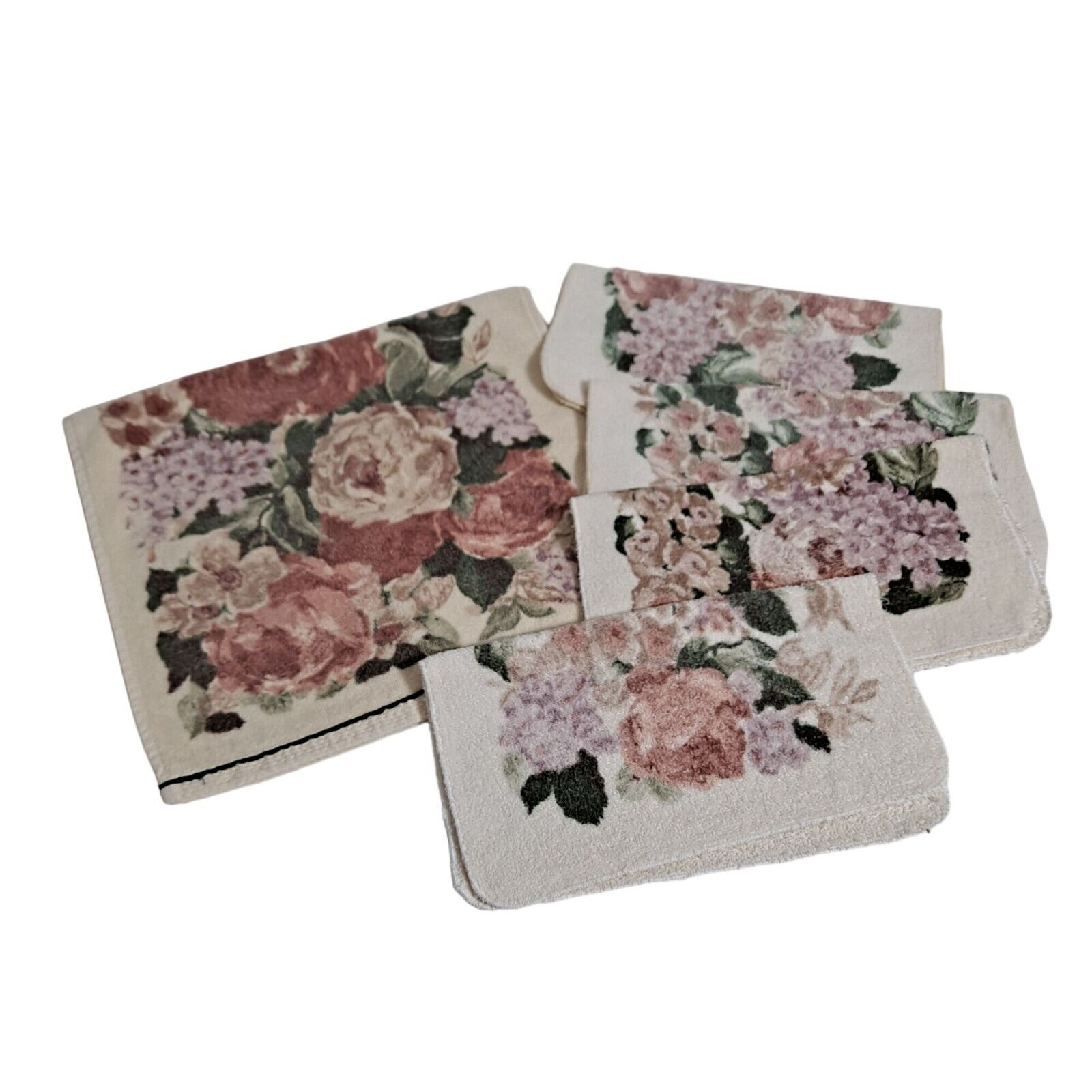 Vintage Croscill Hand Towel Washcloth Set Cream Floral Rose Soft 1990s USA x 4