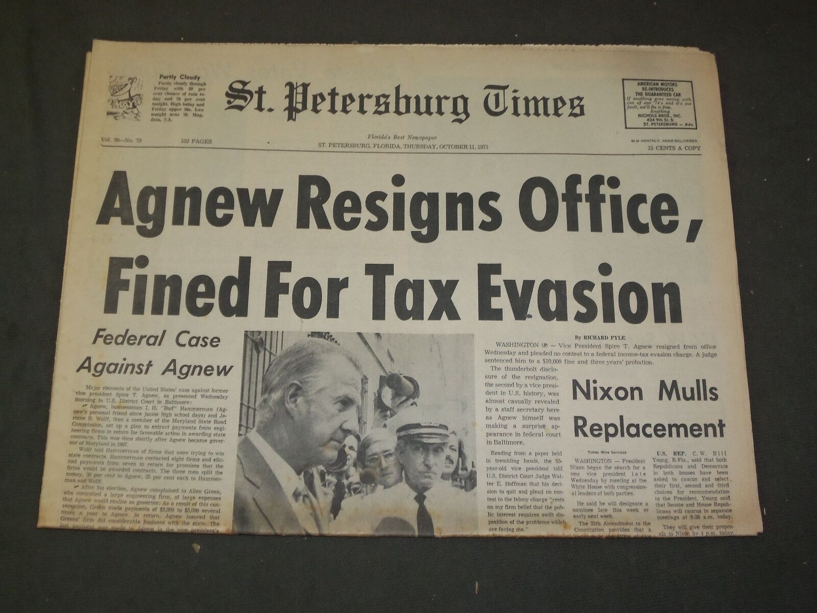 1973 OCTOBER 11 ST. PETERSBURG TIMES NEWSPAPER - SPIRO AGNEW RESIGNS - NP 3328