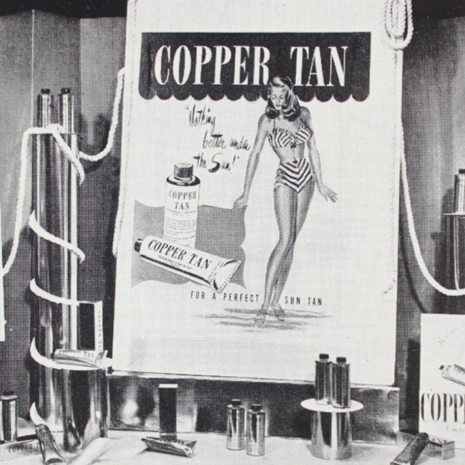 SUN TAN LOTION 1948 PRINT AD COPPER TAN WINDOW DISPLAY FALULAH PAPER COMPANY NY 