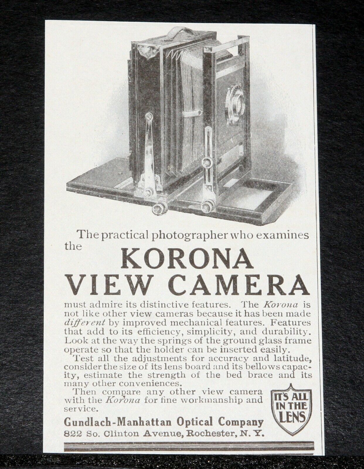 1910 OLD MAGAZINE PRINT AD, KORONA VIEW CAMERA, ADMIRE ITS DISTINCTIVE FEATURES
