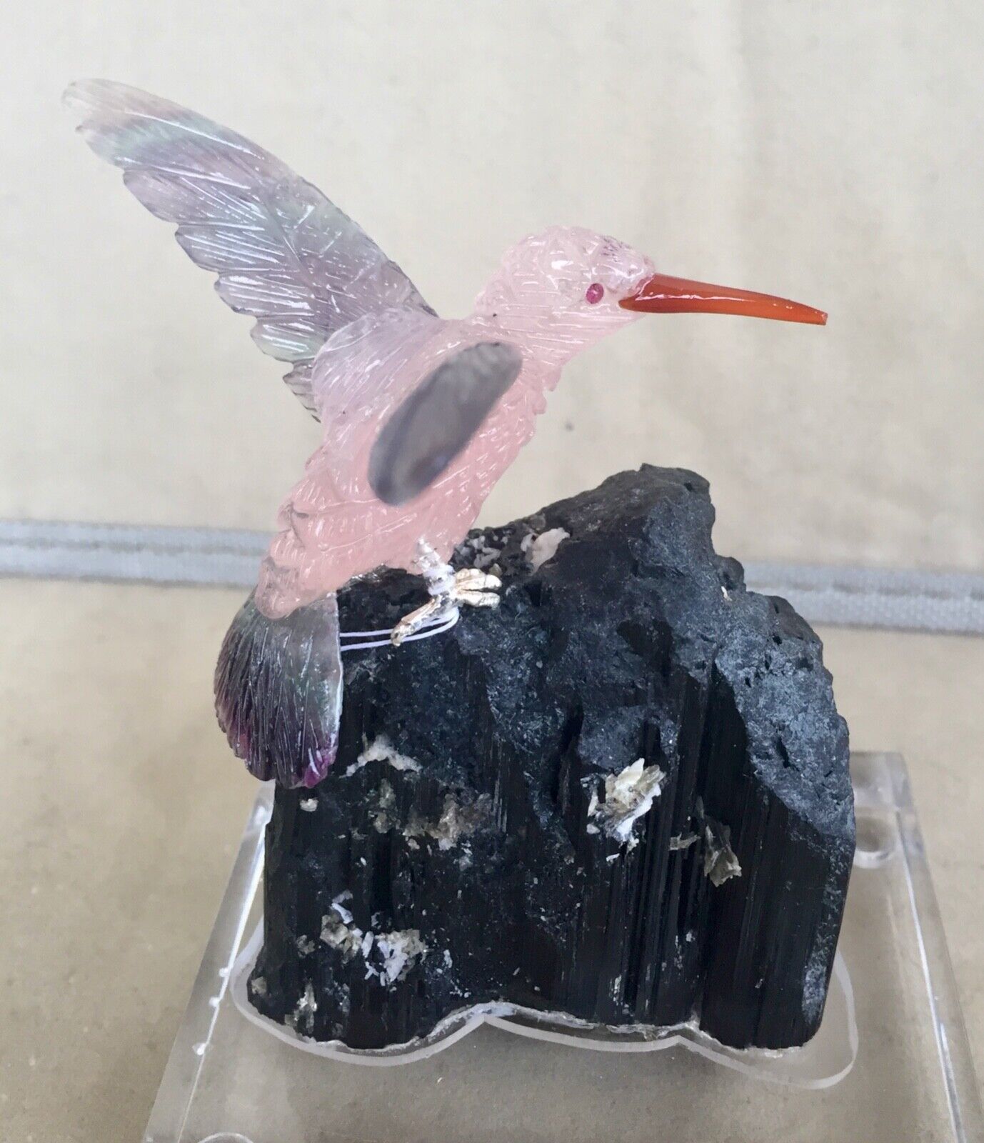 Rose Quartz / Fluorite Hummingbird on  Black Tourmaline \