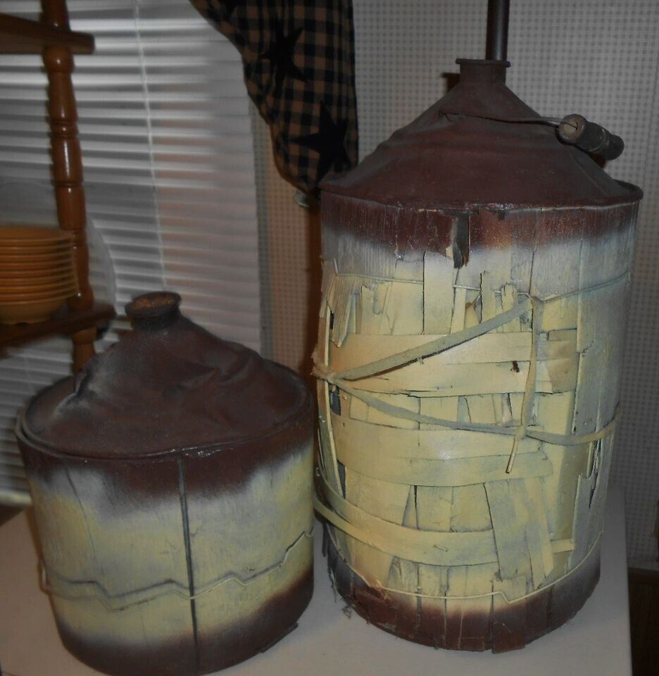 Set of 2 Antique Old Mining Co. Wood Covered Fuel/Oil Cans