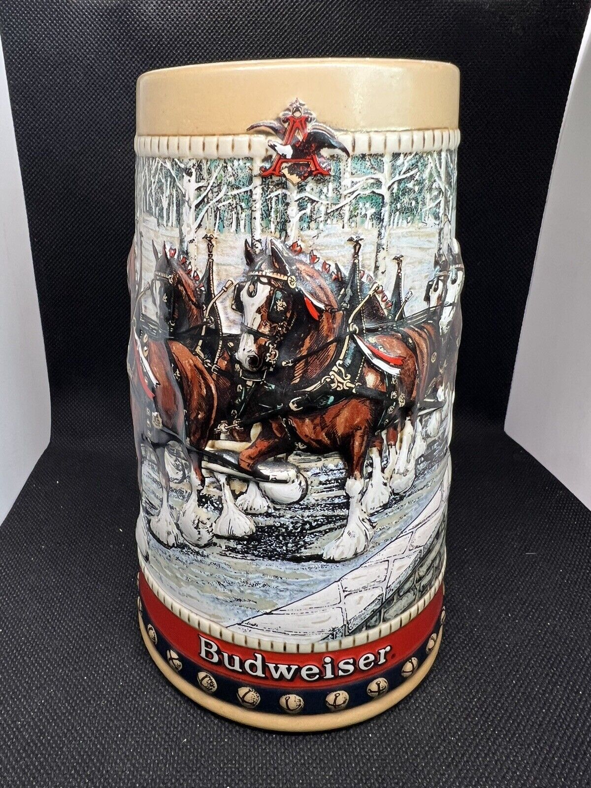 Budweiser 1980's Holiday Beer Stein Snowy Woodland Clydesdale Ceramarte Mug