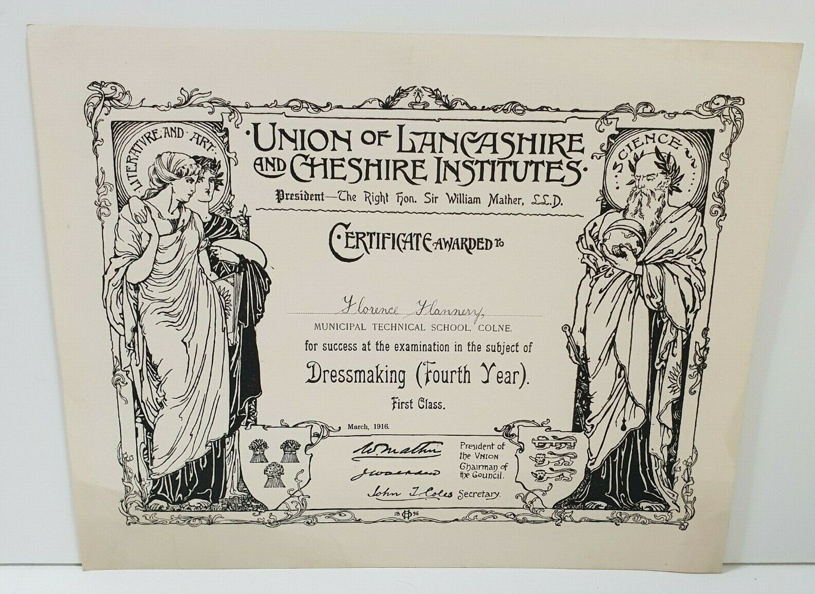 1916 Dressmaking Y4 certificate Technical school Colne Florence Flannery