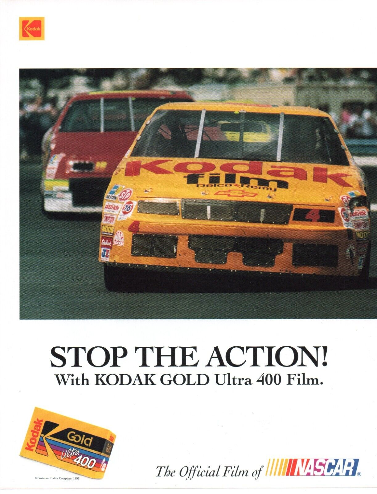 1993 KODAK GOLD Ultra 400 Film Nascar Racing PRINT AD WALL ART - STOP THE ACTION