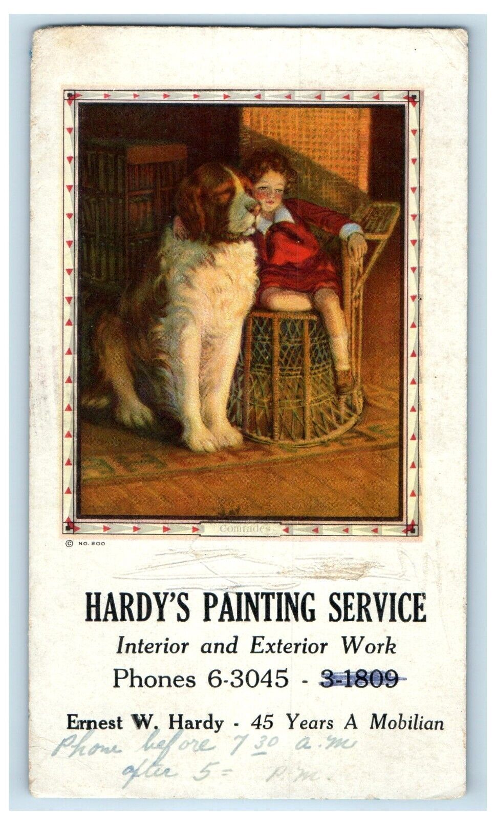c1920\'s Hardy\'s Painting Service St. Bernard Dog Boy Child Blotter