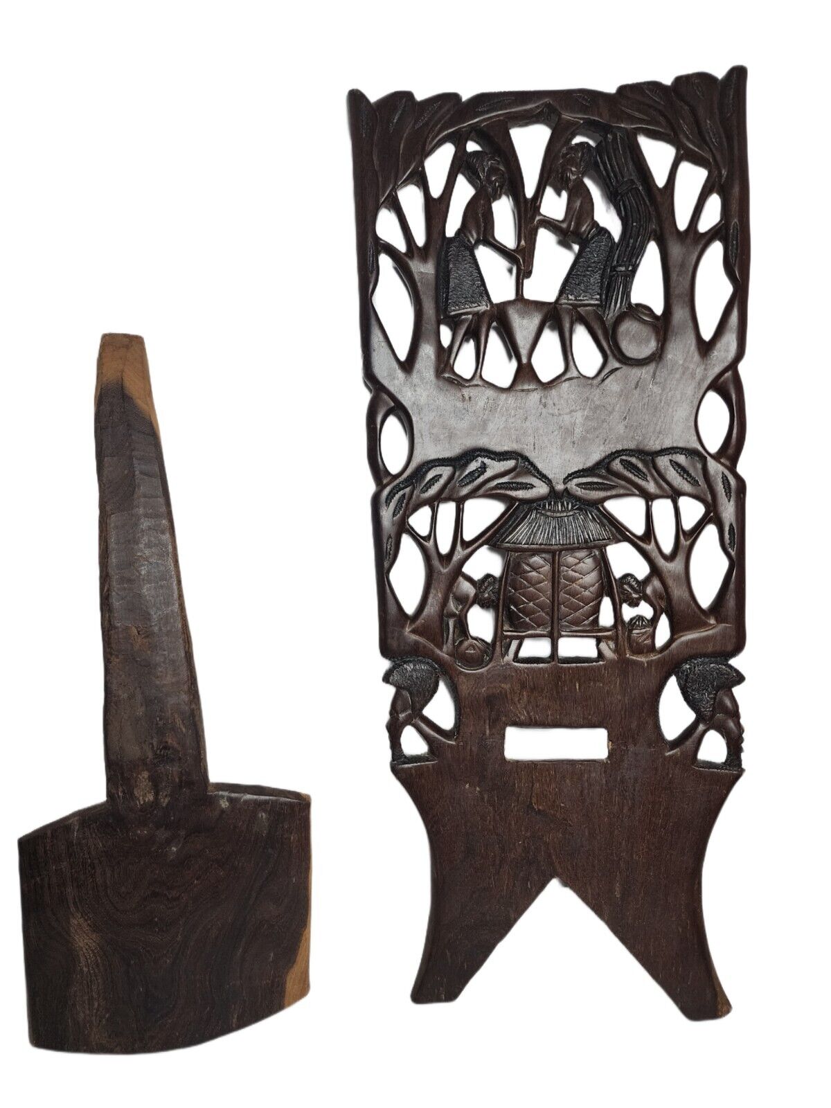 Vintage Hand Carved Detailed Iron Wood African Birthing Chair 2 Pieces