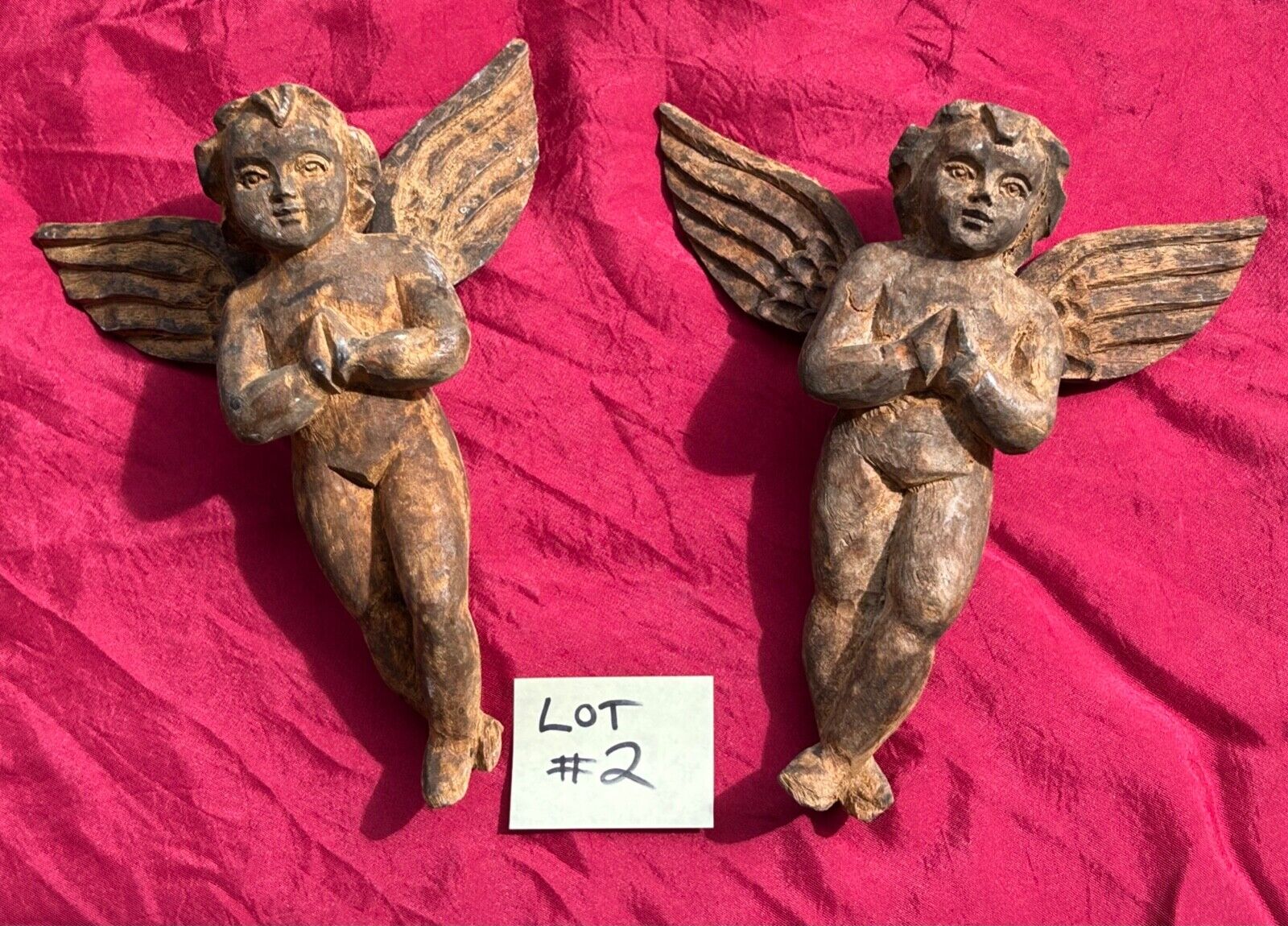 Antique Carved Wood Cherub Santos PAIR Winged Angels Putti LOT #2