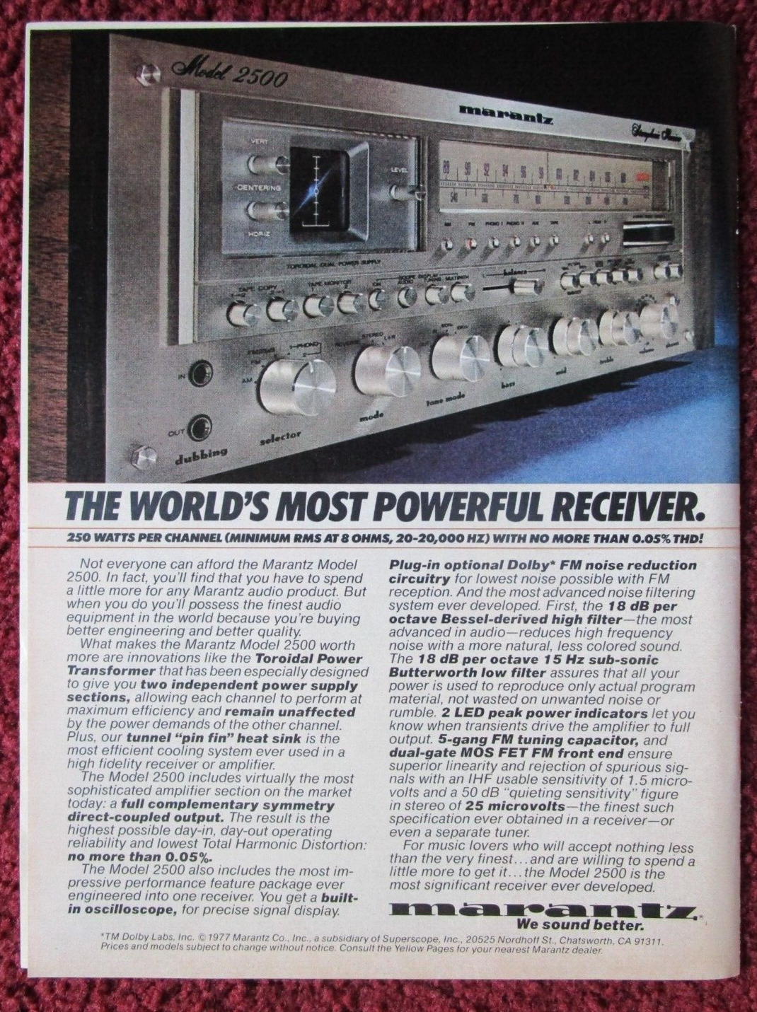 1977 MARANTZ Model 2500 Stereo Receiver Print Ad ~ The World\'s Most Powerful