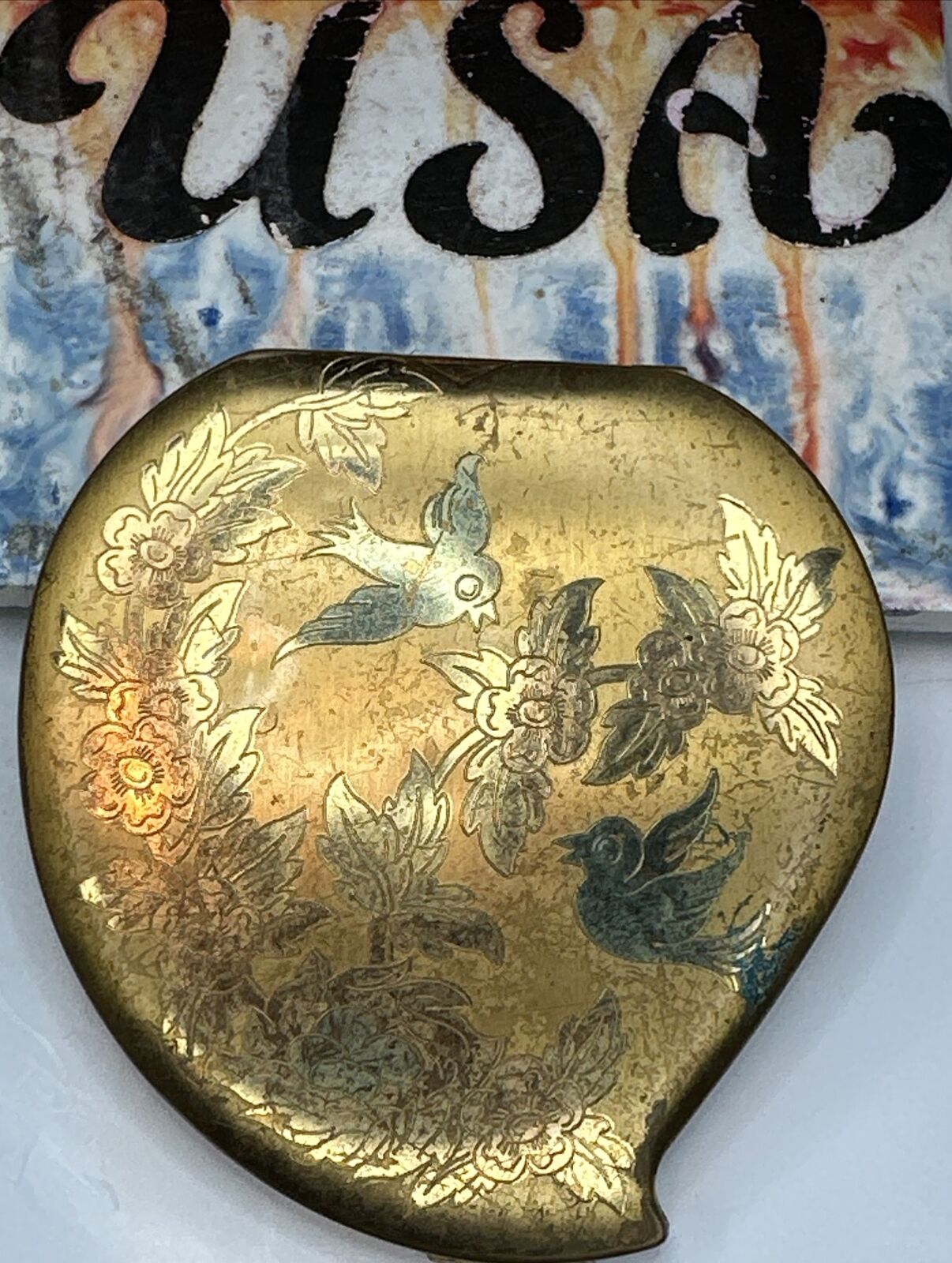 Vintage Elgin American Compact Mirror Heart Brass Birds Flowers Art Deco 1930s