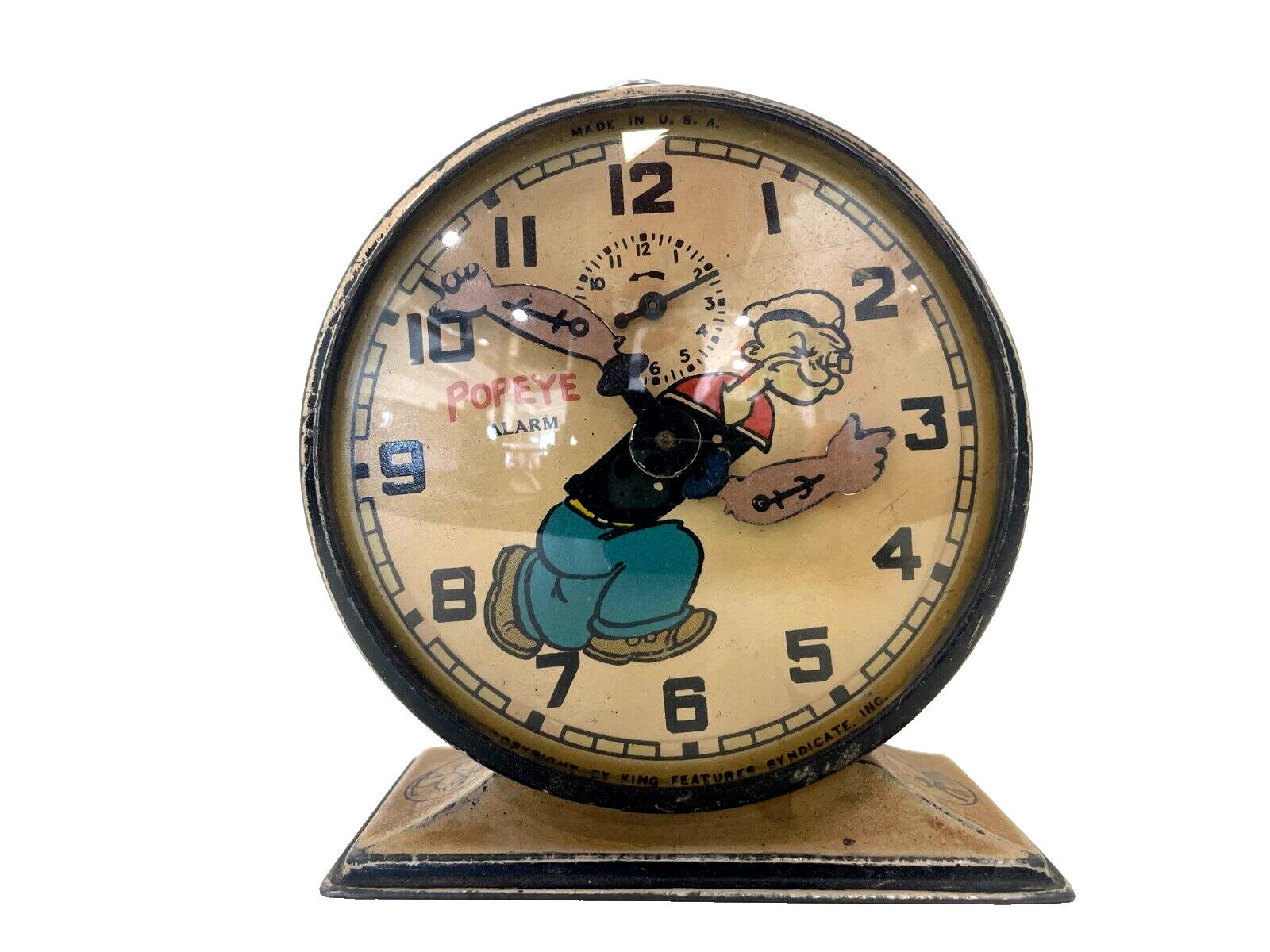 RARE 1930\'s POPEYE ALARM CLOCK KING FEATURES NEW HAVEN Co LITHO METAL CASE VTG