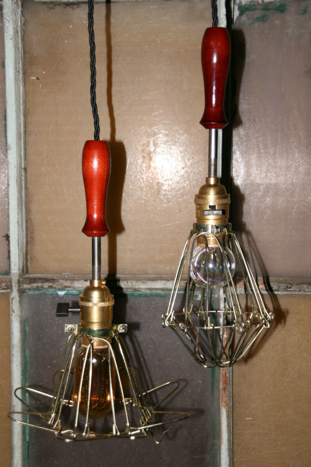 Industrial Hanging Pendant Light Vintage Style Wire Cage Guard -Wood Handle Lamp