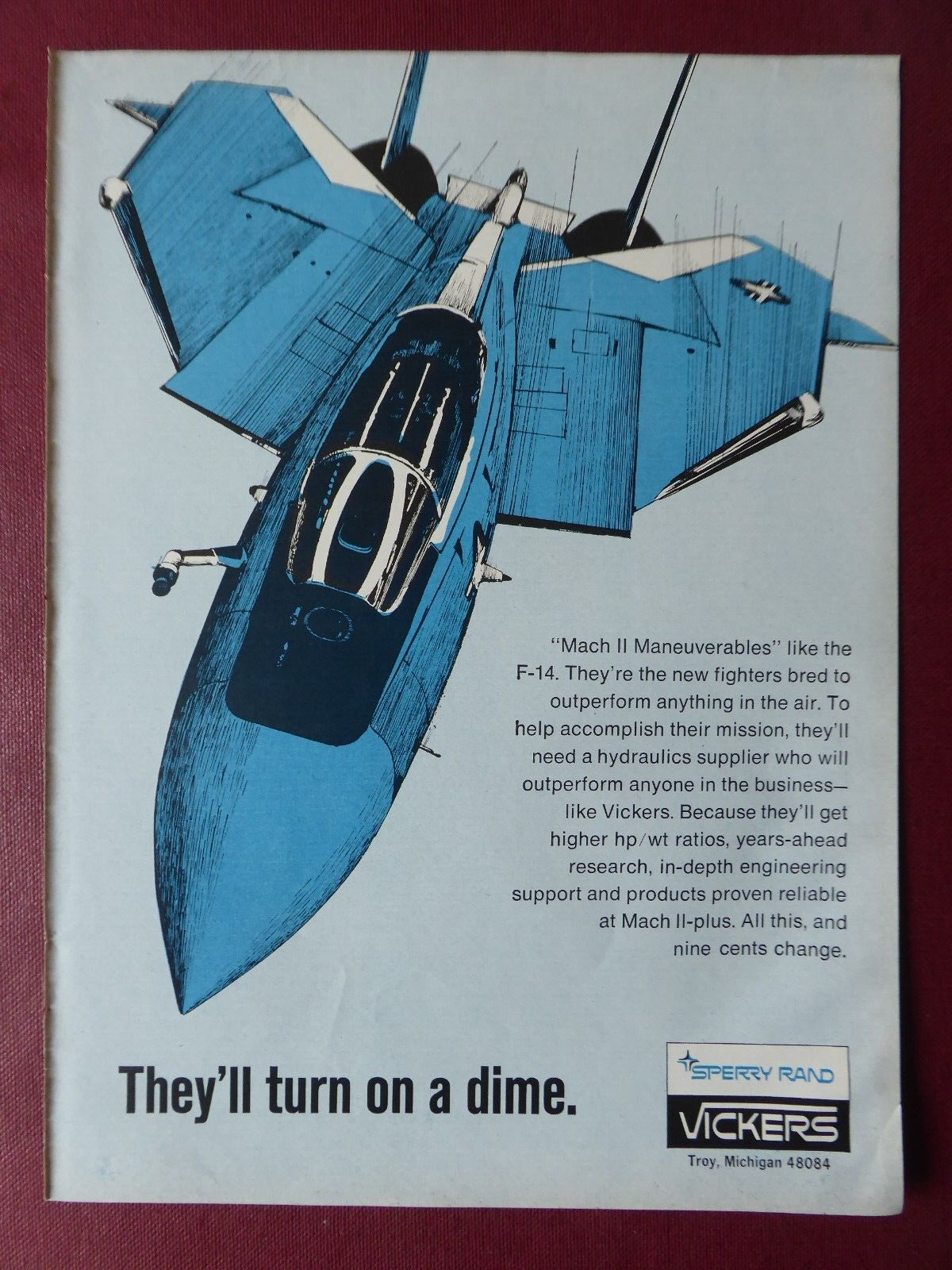4/1969 PUB SPERRY RAND VICKERS HYDRAULICS NAVY GRUMMAN F-14 TOMCAT ORIGINAL AD