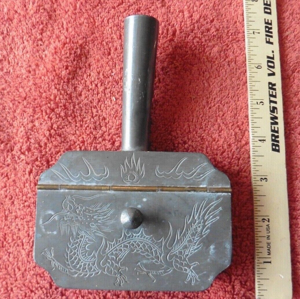 Antique Silent Butler Crumb Catcher Dragon etched Heavy metal ? Pewter ? Lead