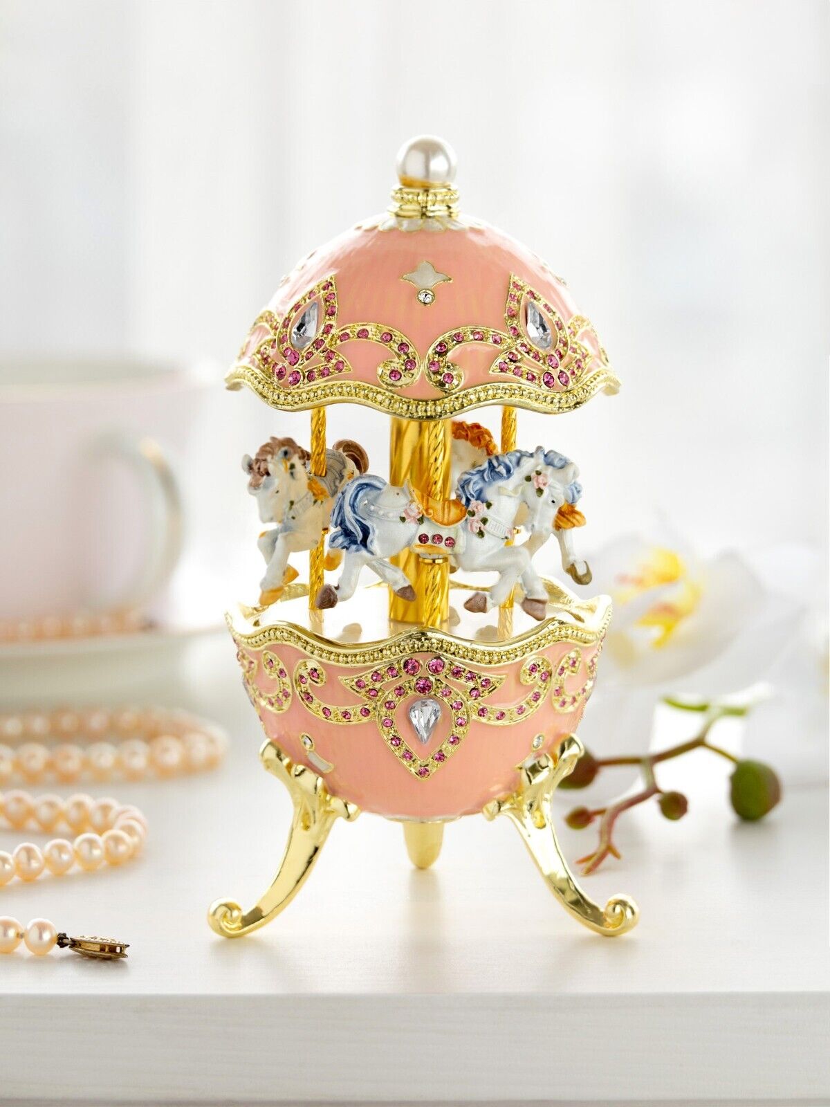 Keren Kopal Pink Wind up Horse Carousel Decorated with Austrian Crystals