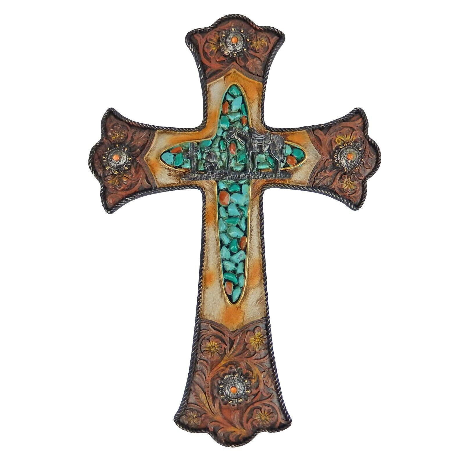 Turquoise Western Decorative Wall Cross Cowboy Kneeling Rustic Floral Concho 