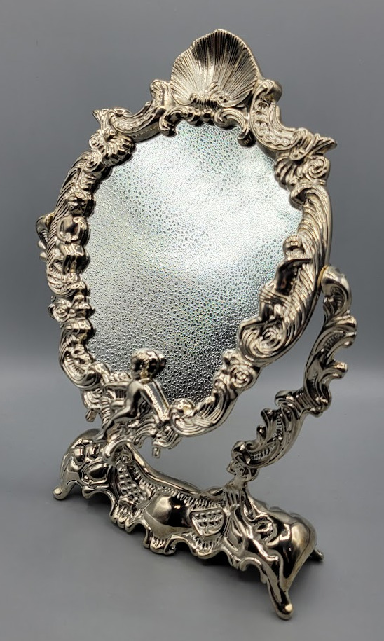 Vintage Silver Plated Swivel Vanity Seashell Ornate Angel Cherub Mirror