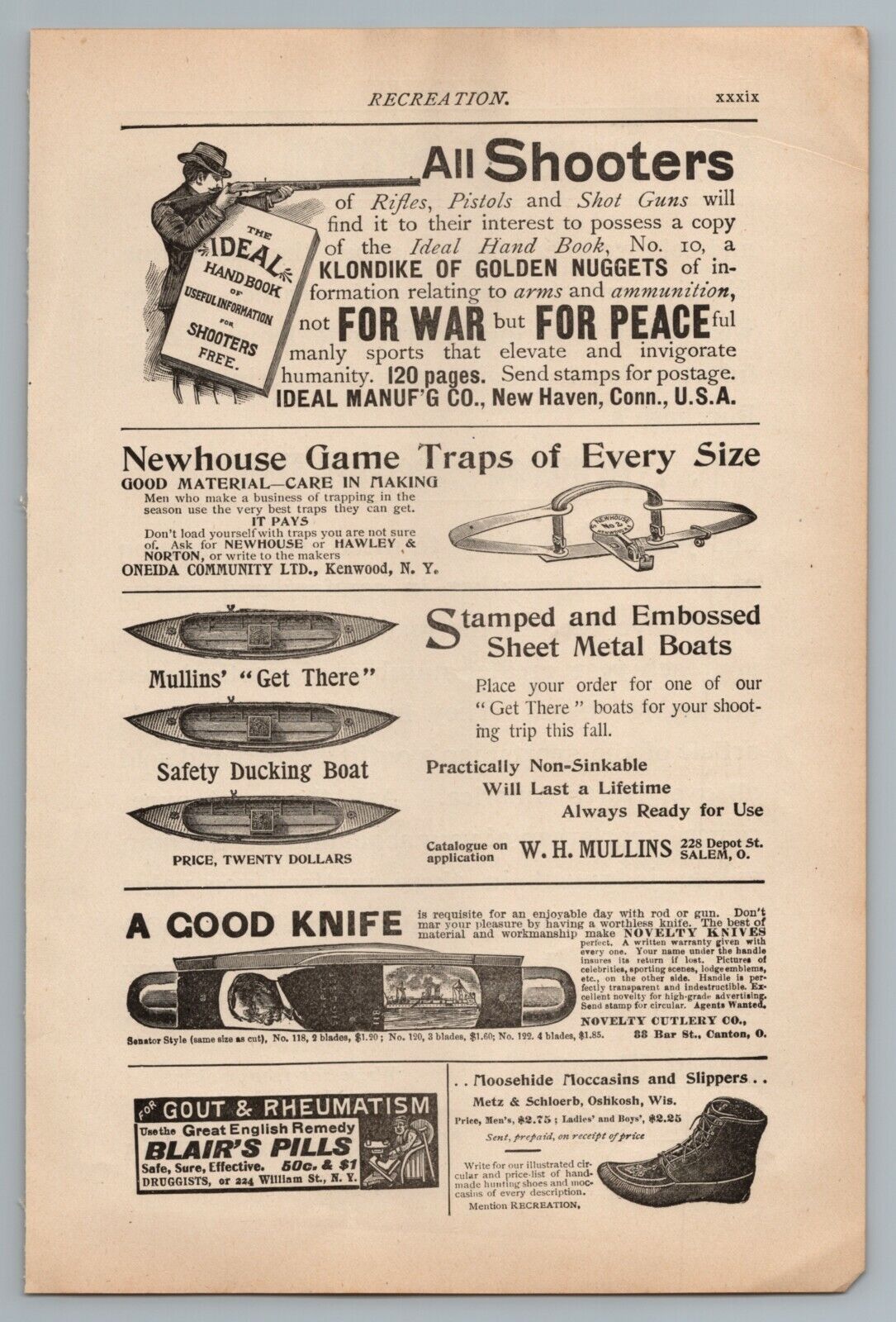 1890s-1910s Print Ad Hunting, Fishing, Traps, Knife, Moccasins, Boat, Sleeping