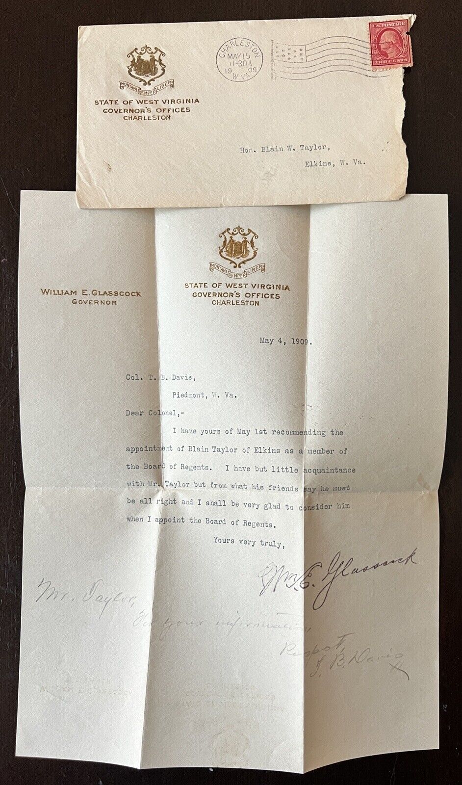 1909 US COVER SIGNED LETTER FROM WEST VIRGINIA GOVERNOR OFFICE WILLIAM GLASSCOCK