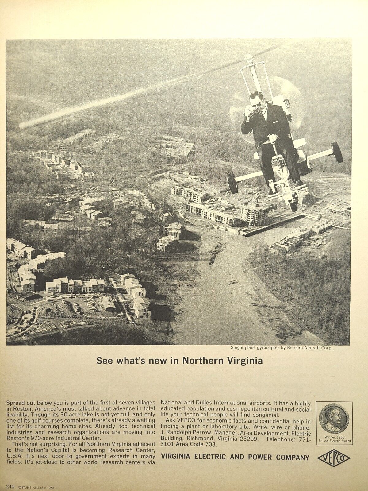 VEPCO Reston VA Industrial Ctr Benson Aircraft Gyrocopter Vintage Print Ad 1965