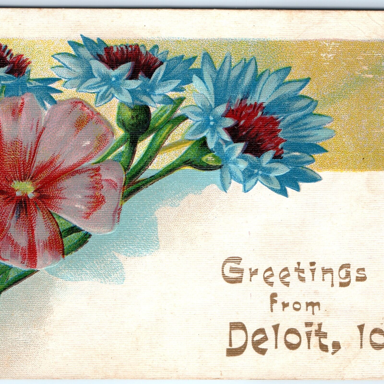 RARE c1910s Deloit, IA Greetings from Embossed Flower Unique Type Norwegian A147