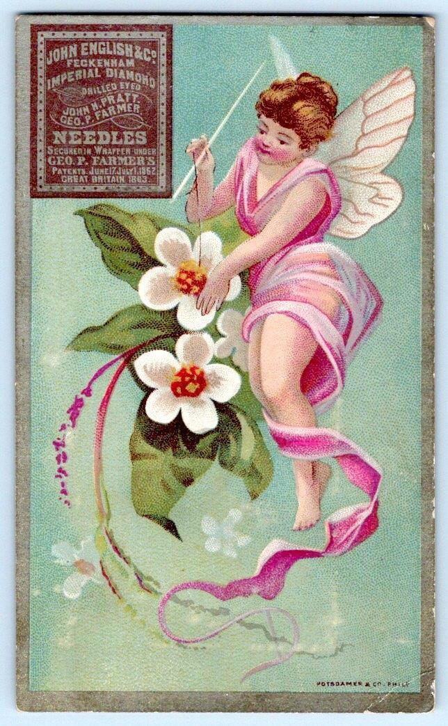 1880\'s JOHN ENGLISH DIAMOND NEEDLES*VICTORIAN TRADE CARD*FANTASY FLOWER FAIRY