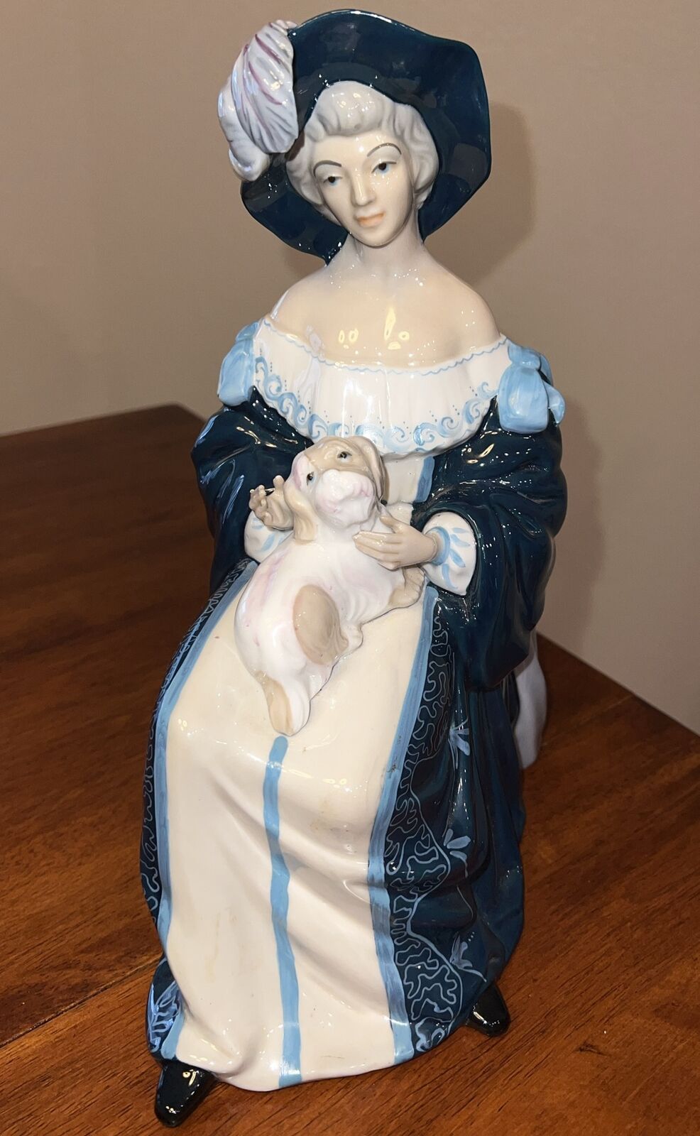 Vintage GAMA Figurine, Lady In Chair With Dog On Her Lap, Porcelain Beautiful