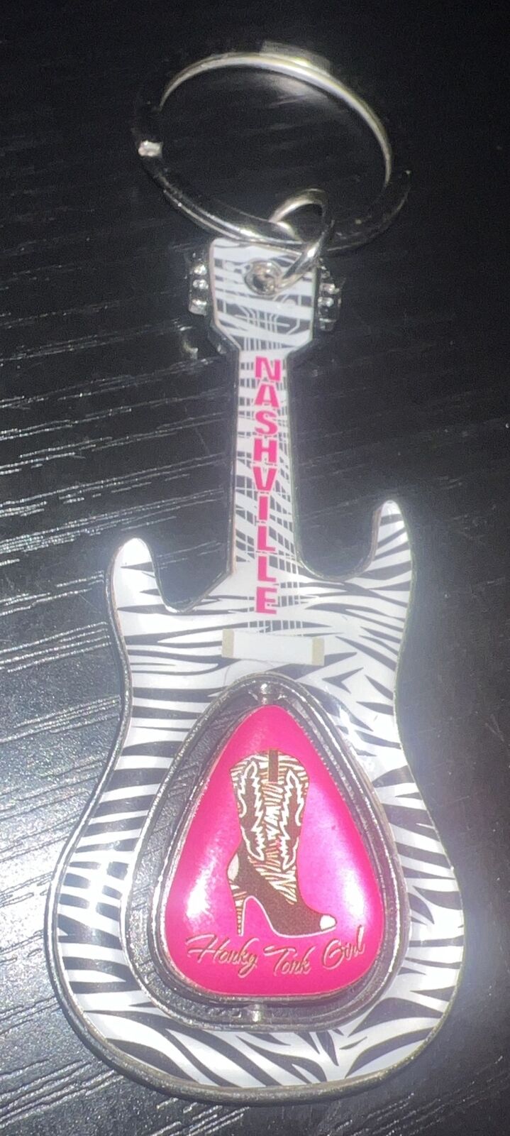 Nashville Honky Tonk Girl Keychain Pink & Zebra Print Guitar 3”