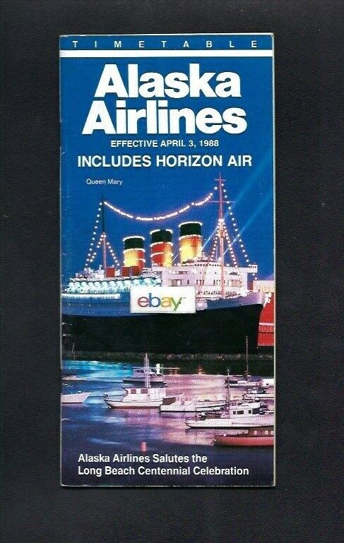 ALASKA AIRLINES & HORIZON AIR SYSTEM TIMETABLE 4-3-1988 QUEEN MARK LGB COVER 