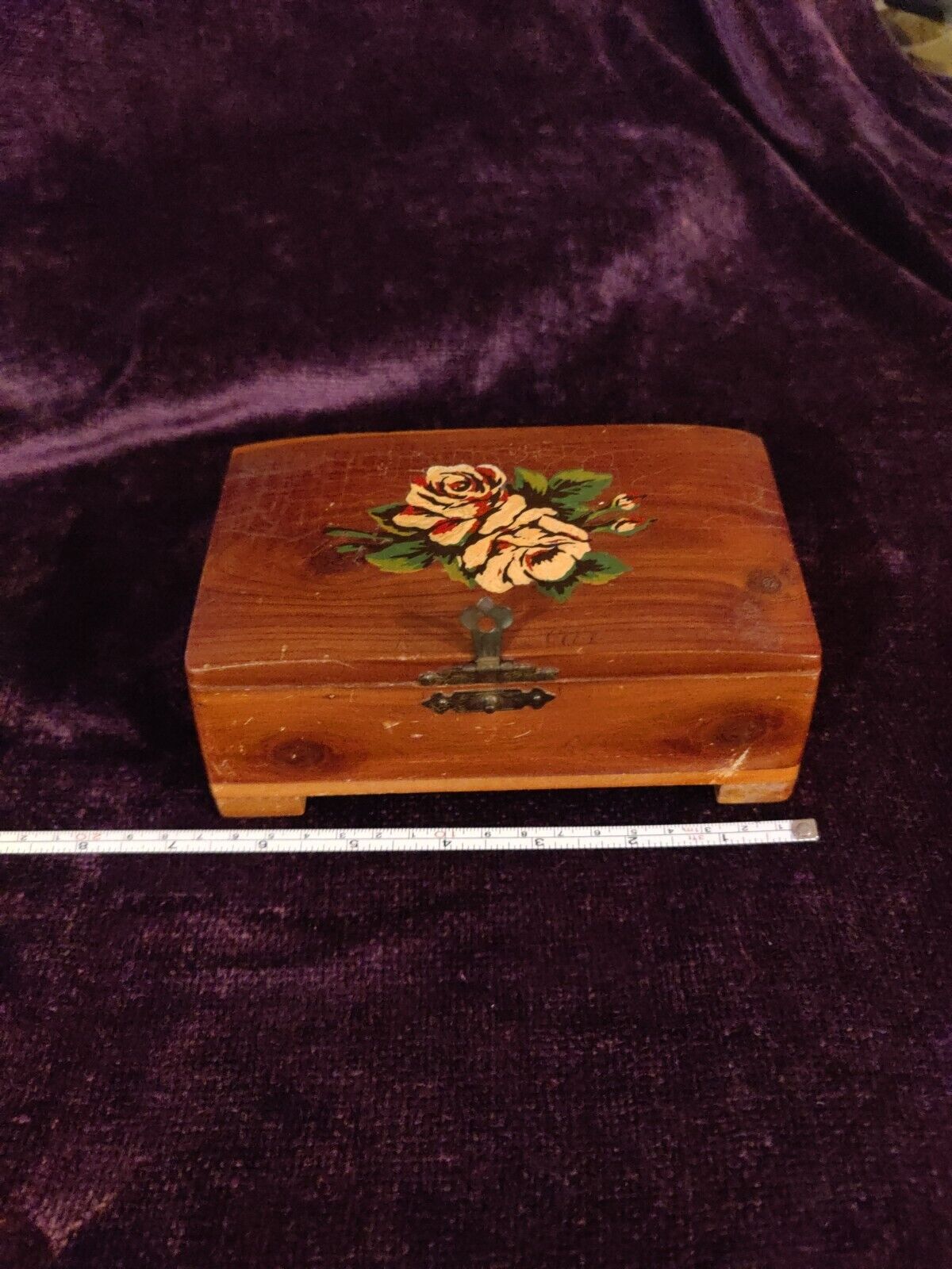 Vintage Cedar Small Chest Vanity Box Hinged Lid Hand-Painted Roses