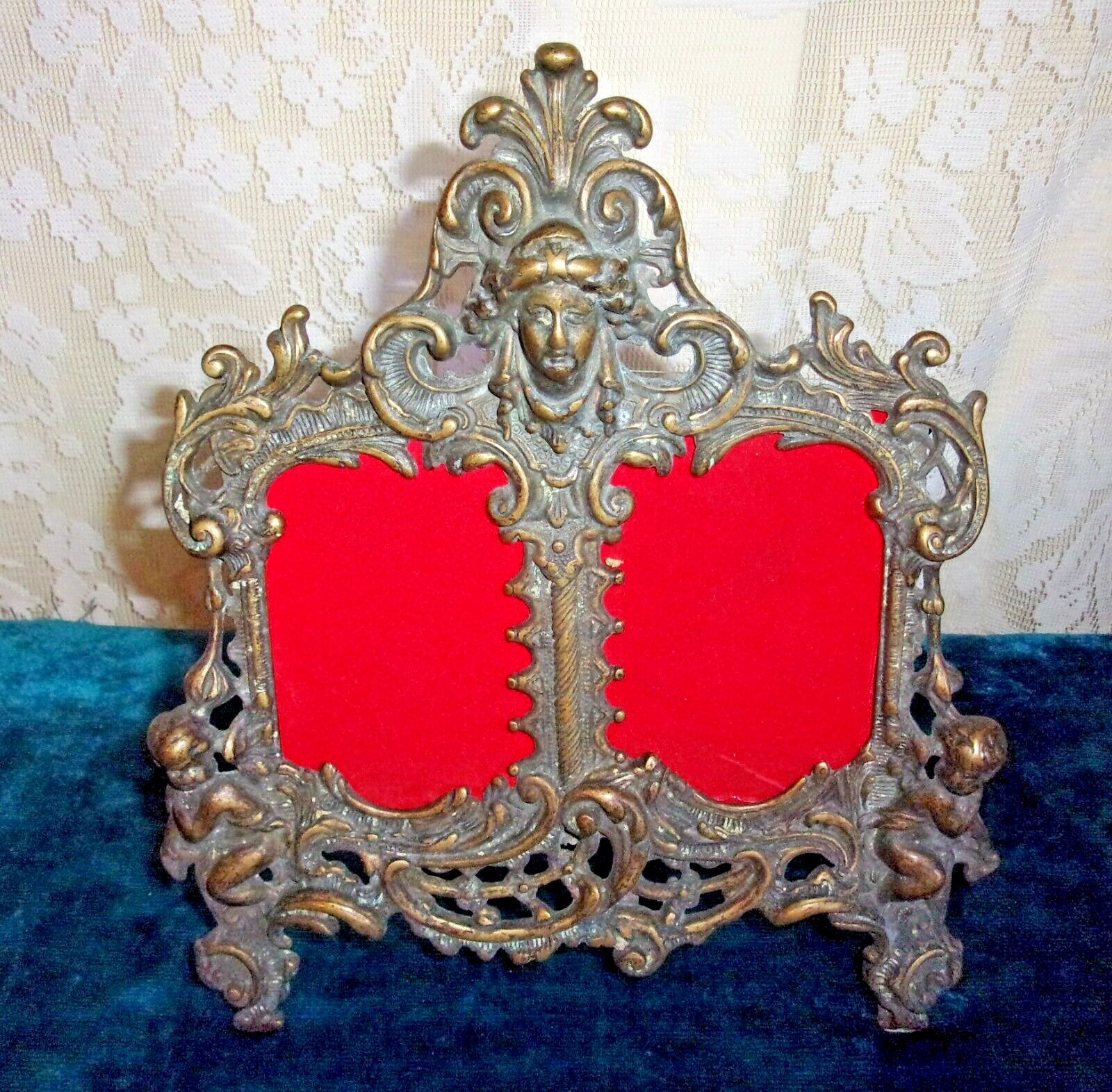 Brass Jenny Lind Head with Cherubs Rococo / Baroque Style Double Picture Frame