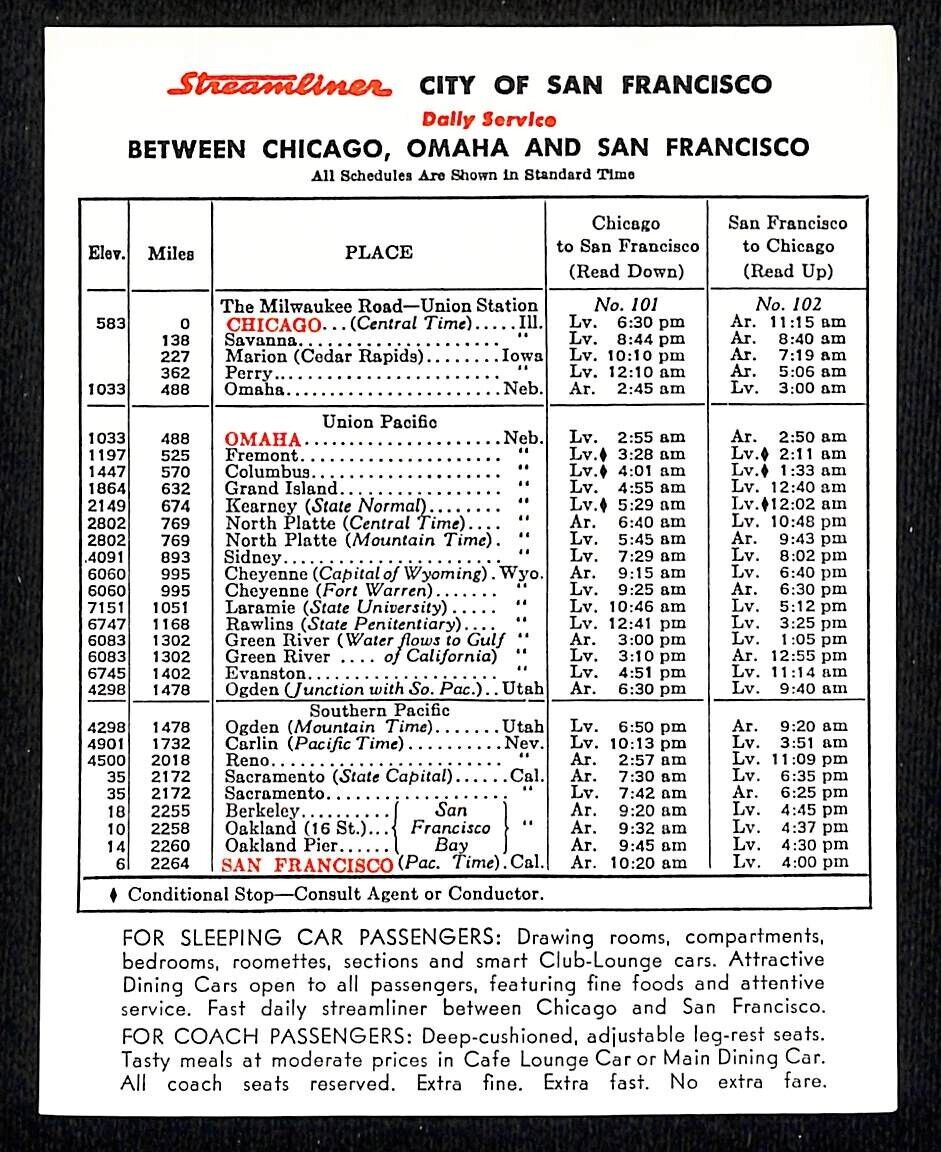 Streamliner City of SF Railroad (1936-71) CNW UP SP Miles & Time Table c1956