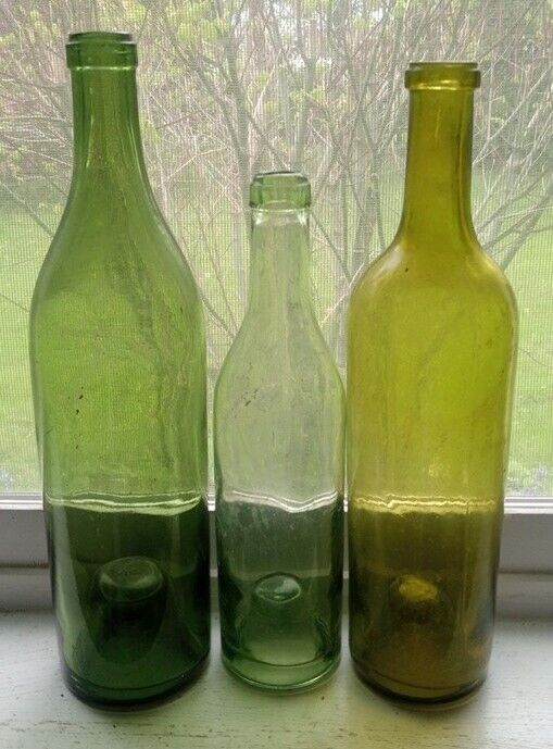 Early Light Olive Yellow, Green Utility Or Wine Bottles W/ Kick Up Bases, 3 Pcs