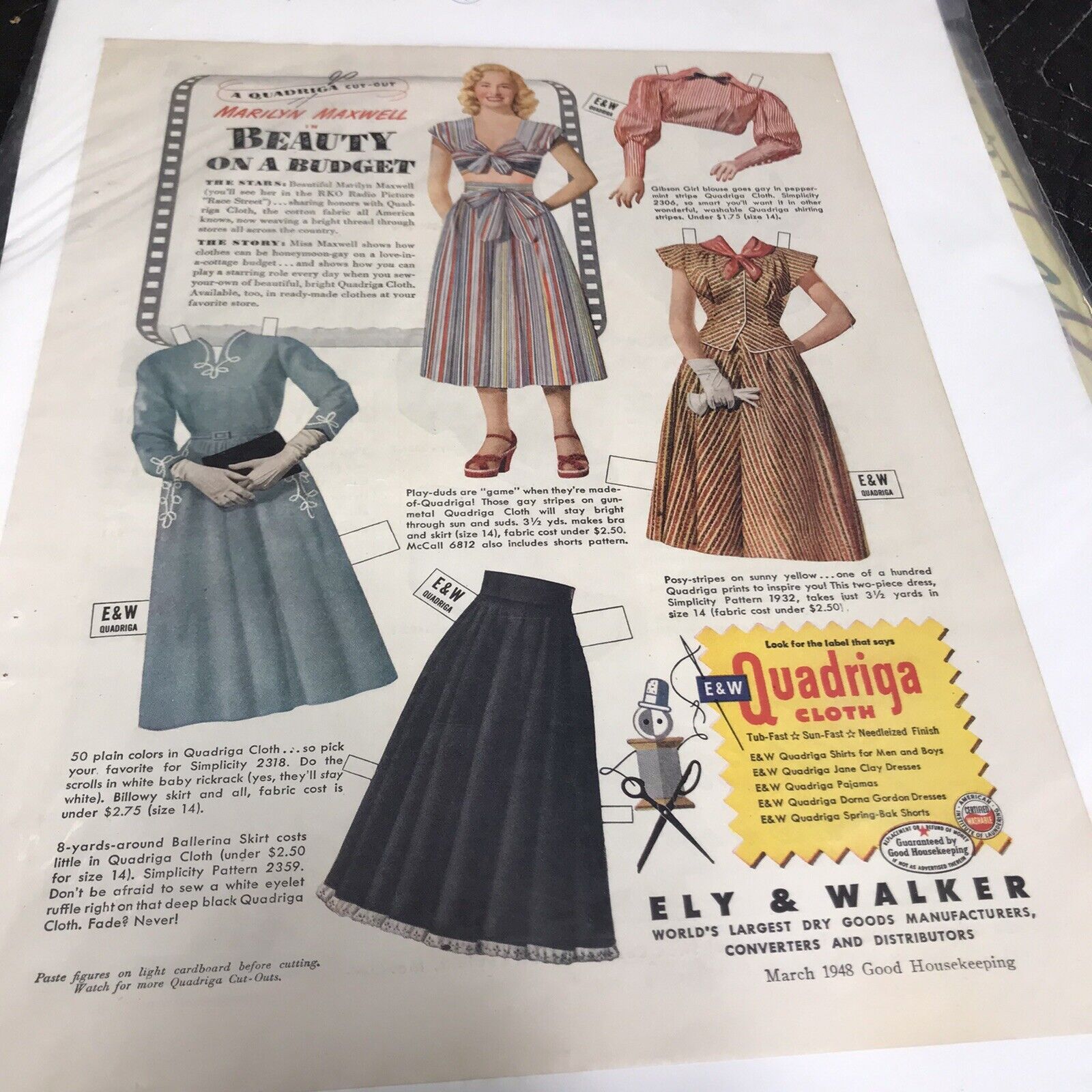 1948 Print Ad Ely & Walker E&W Quadriga Cloth Marilyn Maxwell Paper Doll Dresses