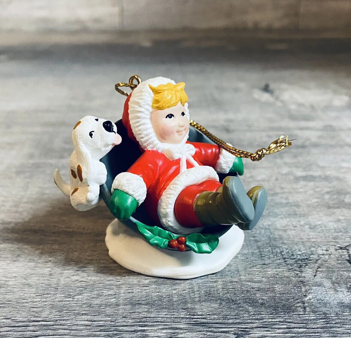 Vintage 1991 Child And Puppy Dog On Sled PVC Christmas Ornament