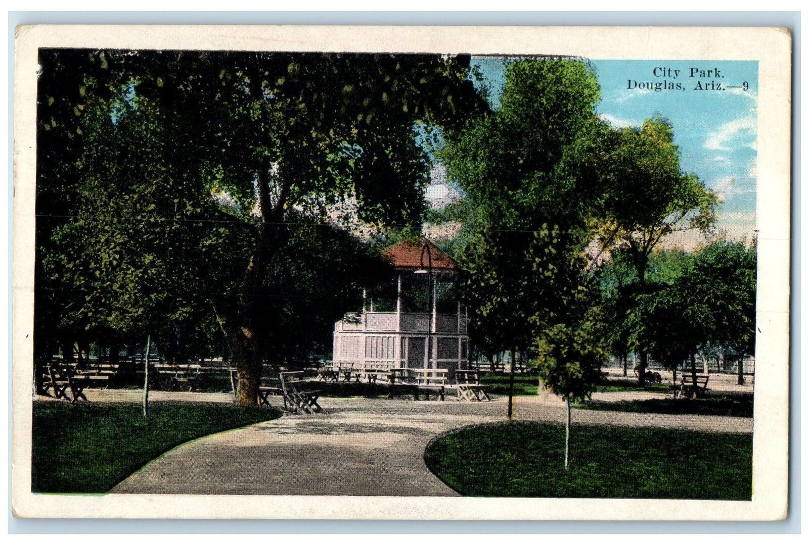 1924 City Park Shed Benches Pathways Trees Douglas Arizona AZ Posted Postcard