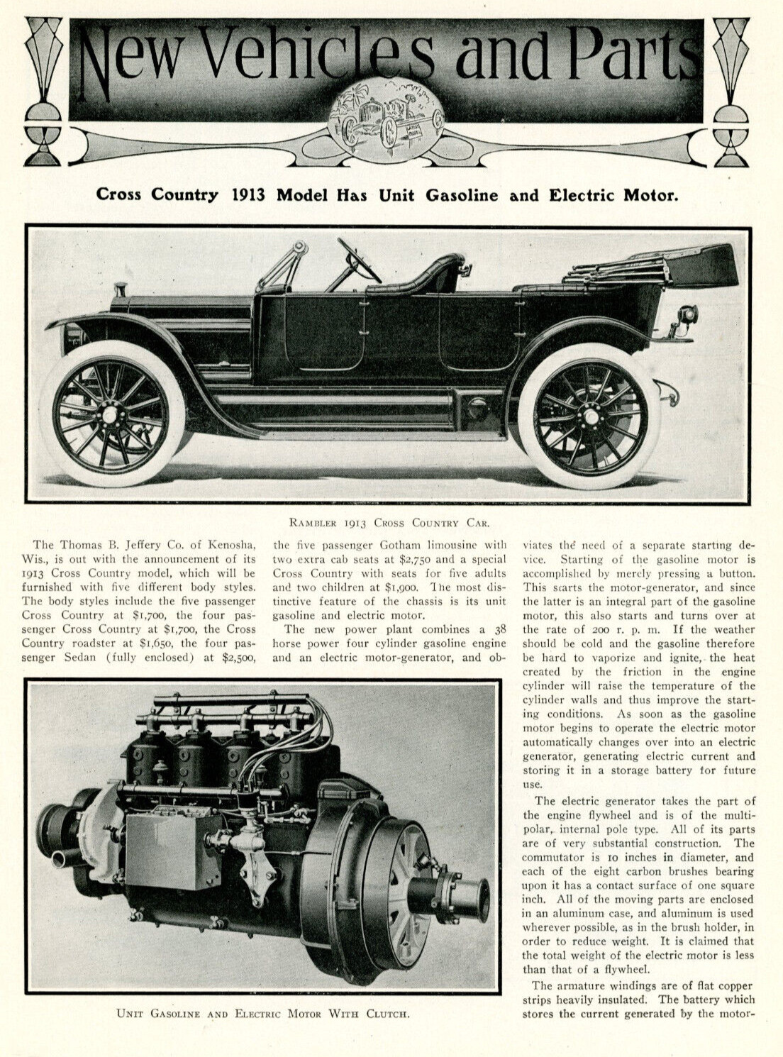 1912 Original Article: Thos Jeffery Announces 1913 Cross Country Model. 5 Bodies