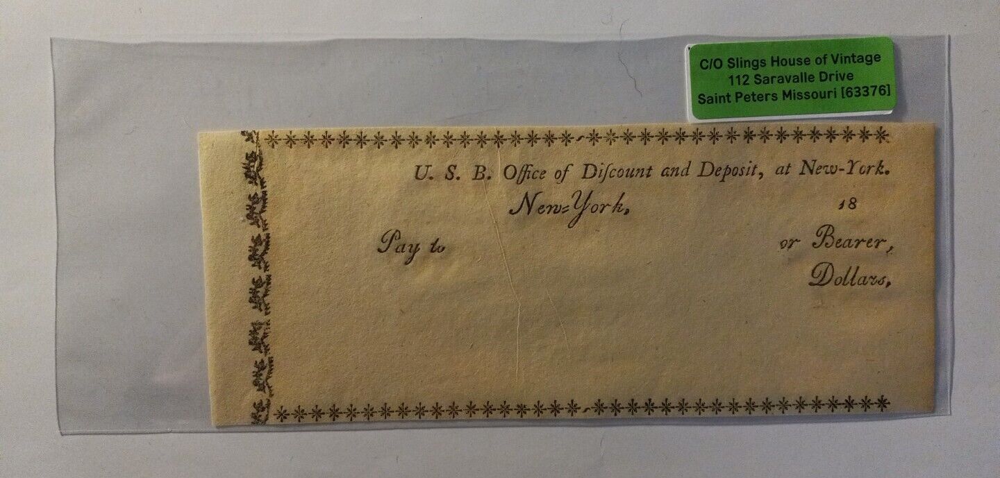  Early 1800\'s UNC check from U.S.B. Office Of DiscountDeposit New-York, New York