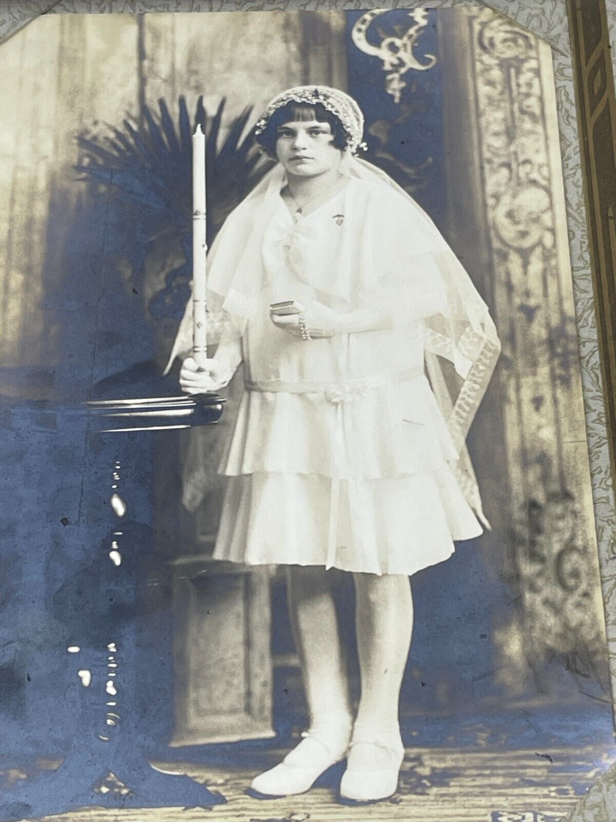 Antique 1930s Great Depression Era Portrait Girl 1st First Communion Dress Photo