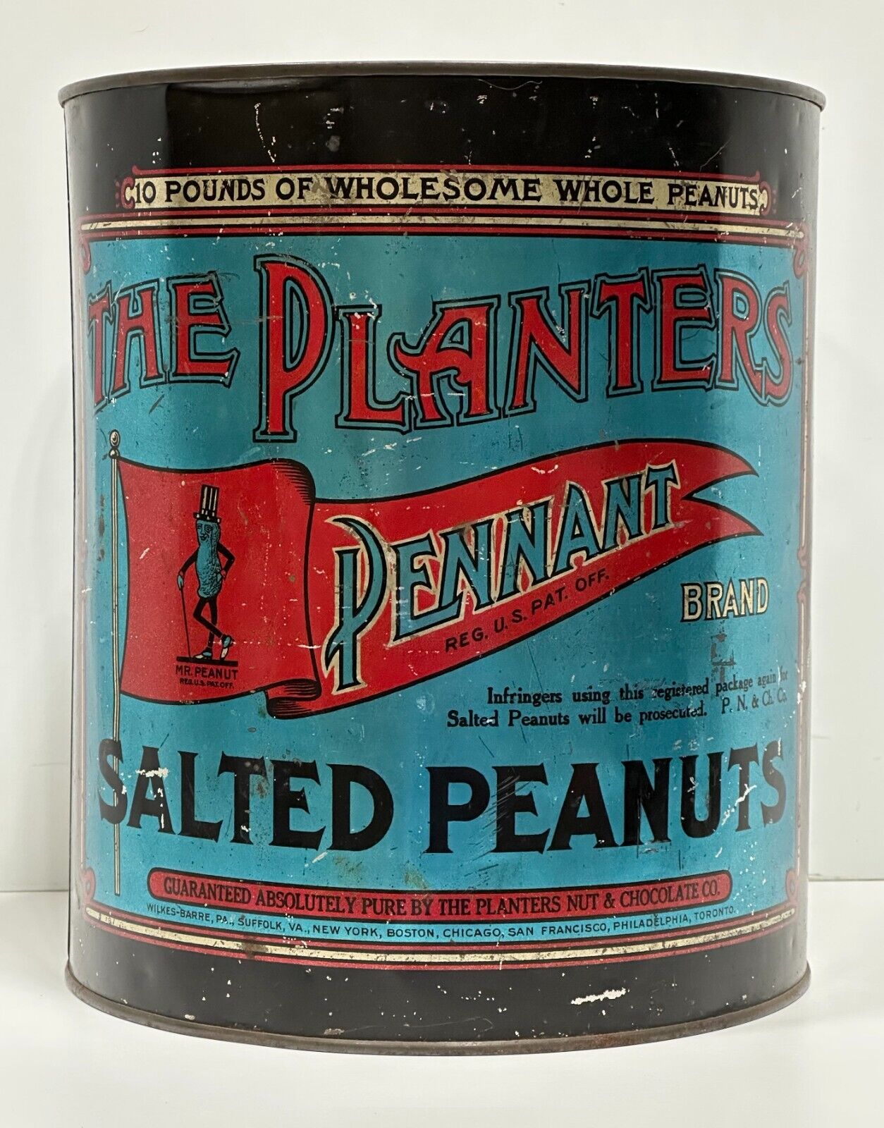 1920s PLANTERS PEANUT TIN with original lid 10 pound size BRIGHT COLORS gorgeous