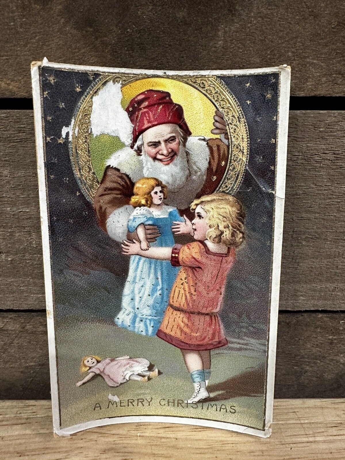 Antique 1913 Christmas Post Card “Santa Delivering Doll To Girl”