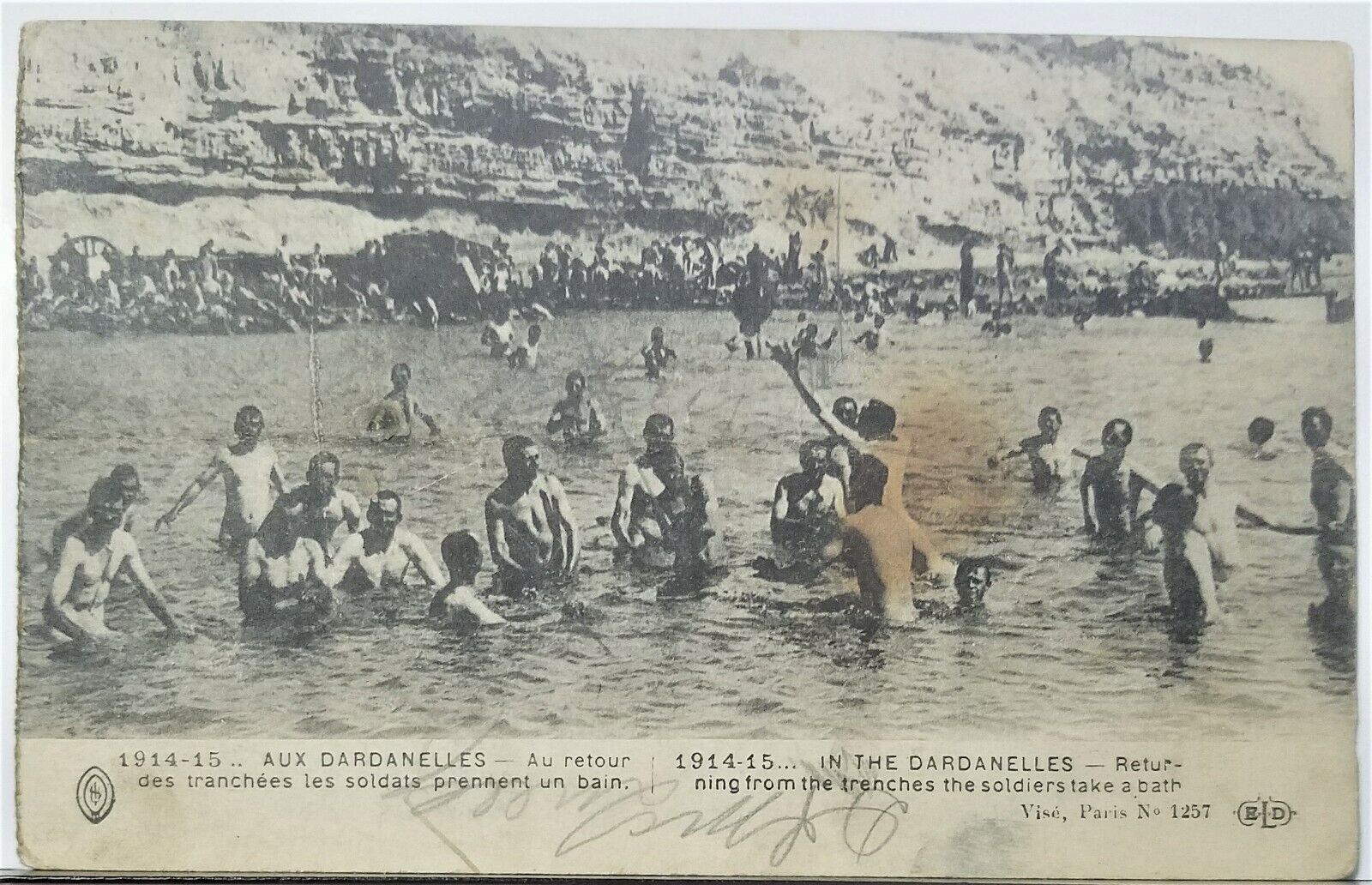 VERY RARE, 1914 ANZAC SOLDIERS BATHING, DARDANELLES, TURKEY CENSORED POSTCARD