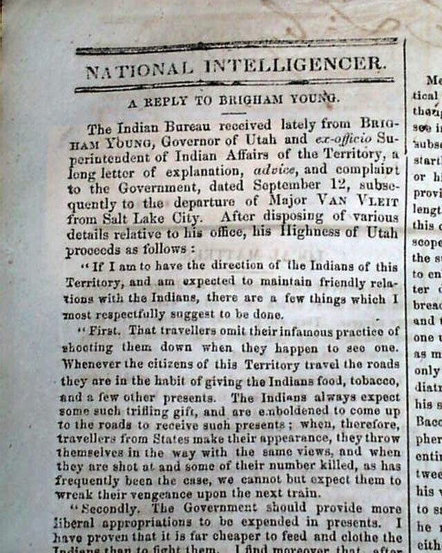 MORMONS Mormonism Brigham Young Indians Native Americans Tensions 1857 Newspaper