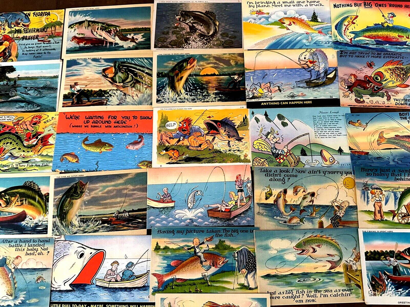 Lot of 26 Linen~Fish~Humor~Fishing~Comic ~EXAGGERATED~Postcards~ 24 Unused~h171